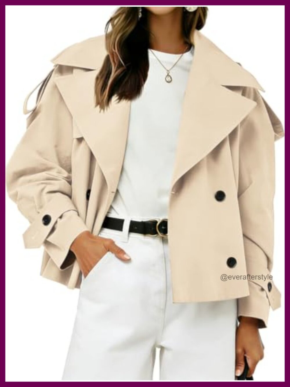 Women's Cropped Double Breasted Trench Coat with Belt & Lapel Collar
